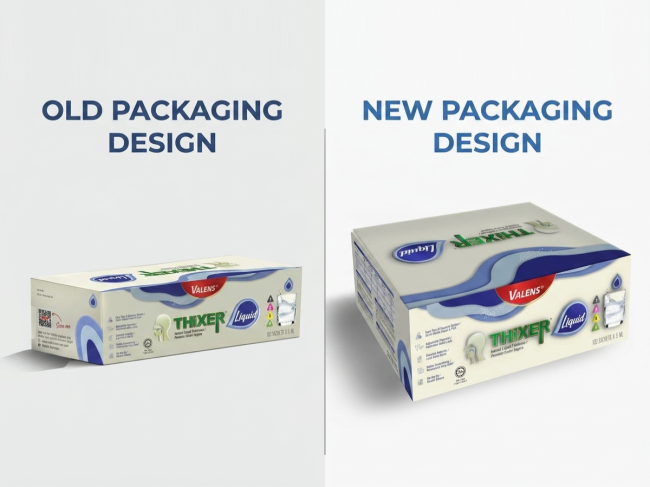 Side-by-side comparison of the old and new packaging design for Valens Thixer Liquid instant thickener.