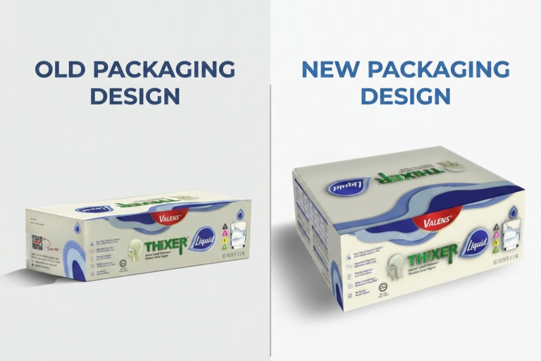 Side-by-side comparison of the old and new packaging design for Valens Thixer Liquid instant thickener.