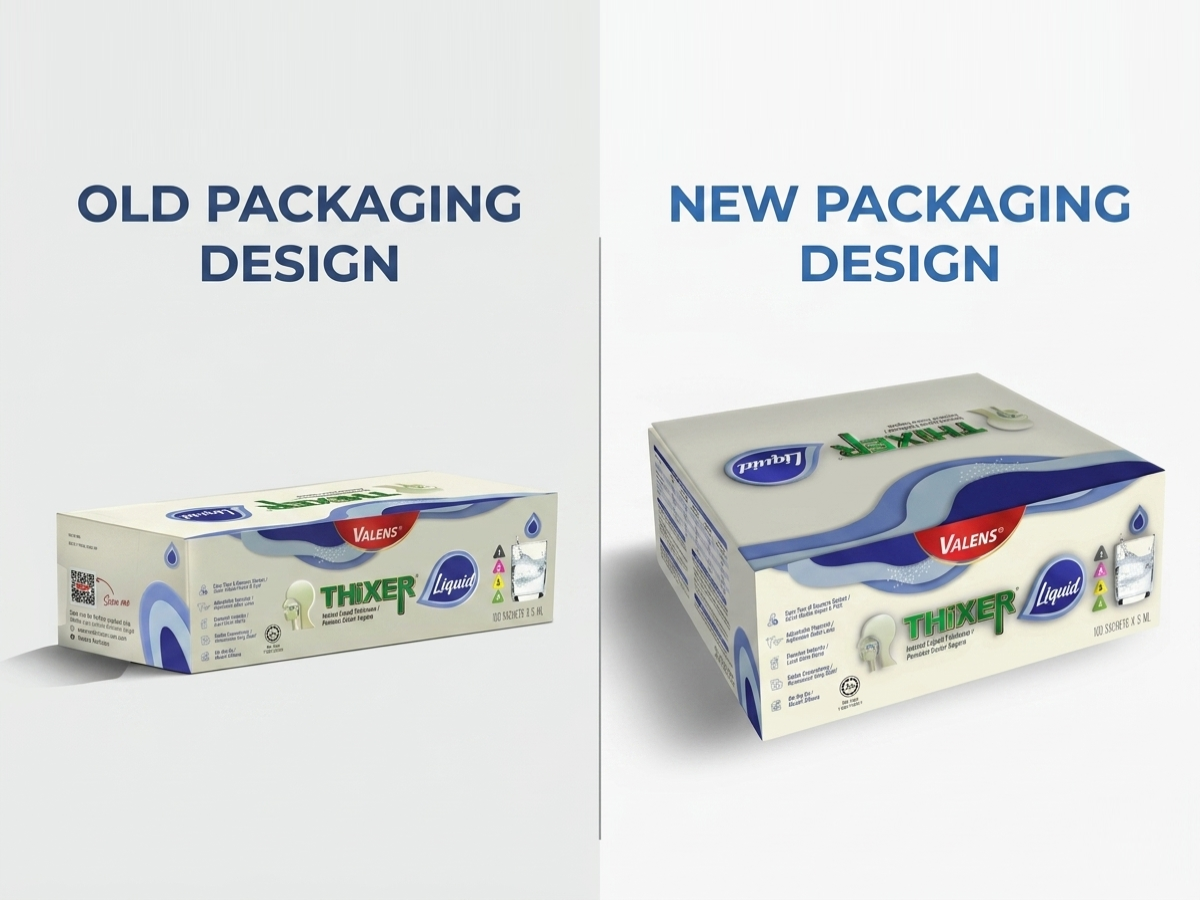 valens-thixer-liquid-new-packaging-design Side-by-side comparison of the old and new packaging design for Valens Thixer Liquid instant thickener.